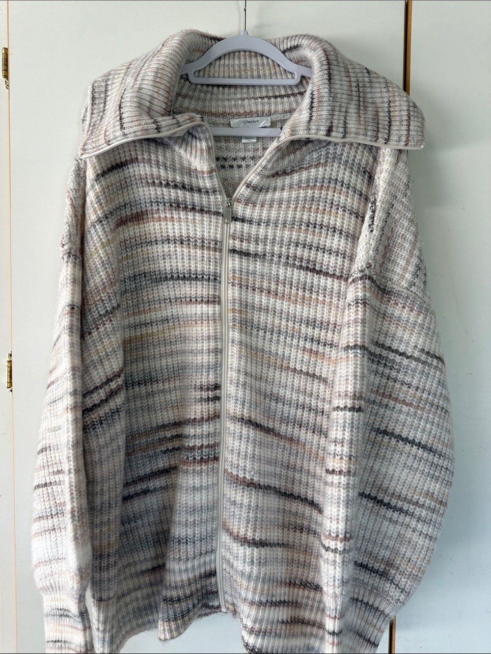 CJ Banks Cream and Brown Striped Knit Zip Cardigan - 3X